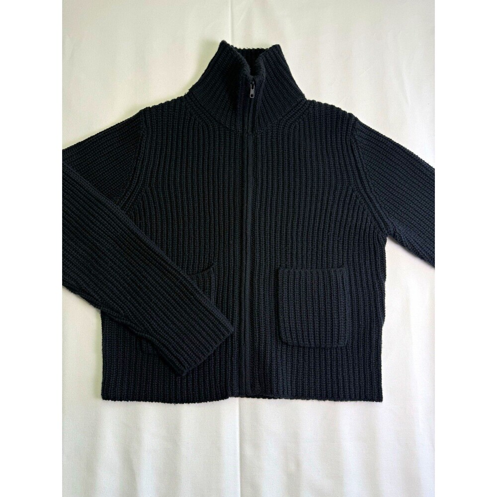 UNIQLO Men's Black Rib-Knit Full Zip Mock Neck Sweater w/ Pockets L